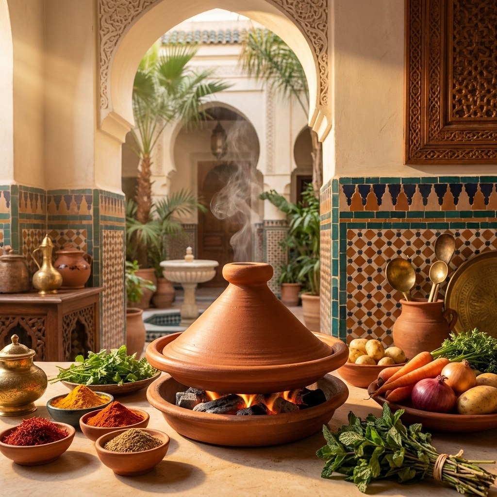 Moroccan clay cooking tagine on a charcoal brazier with spices and vegetables