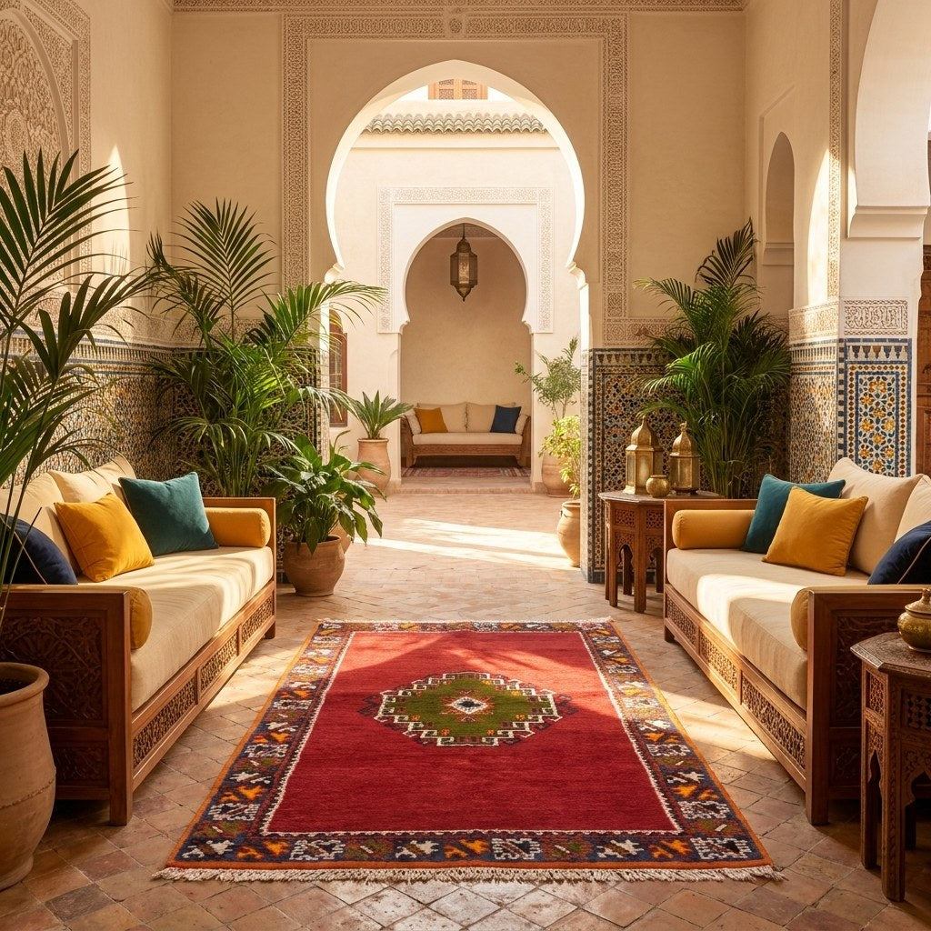 Moroccan living room with a handwoven rug, banquettes, cushions and lanterns