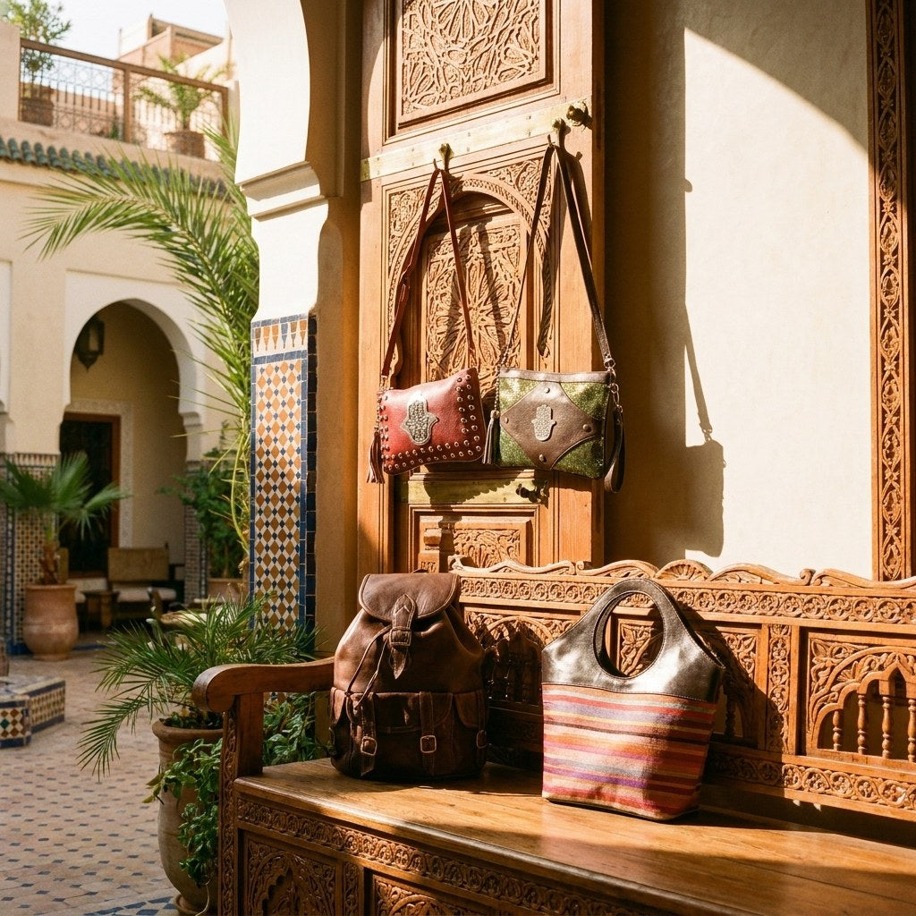 Moroccan bags, scarves and jewelry in a Marrakech souk