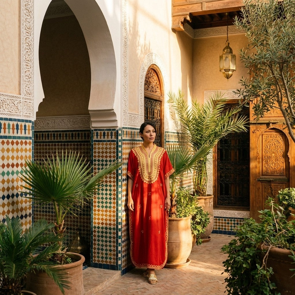 Red Moroccan caftan with gold embroidery in a riad courtyard