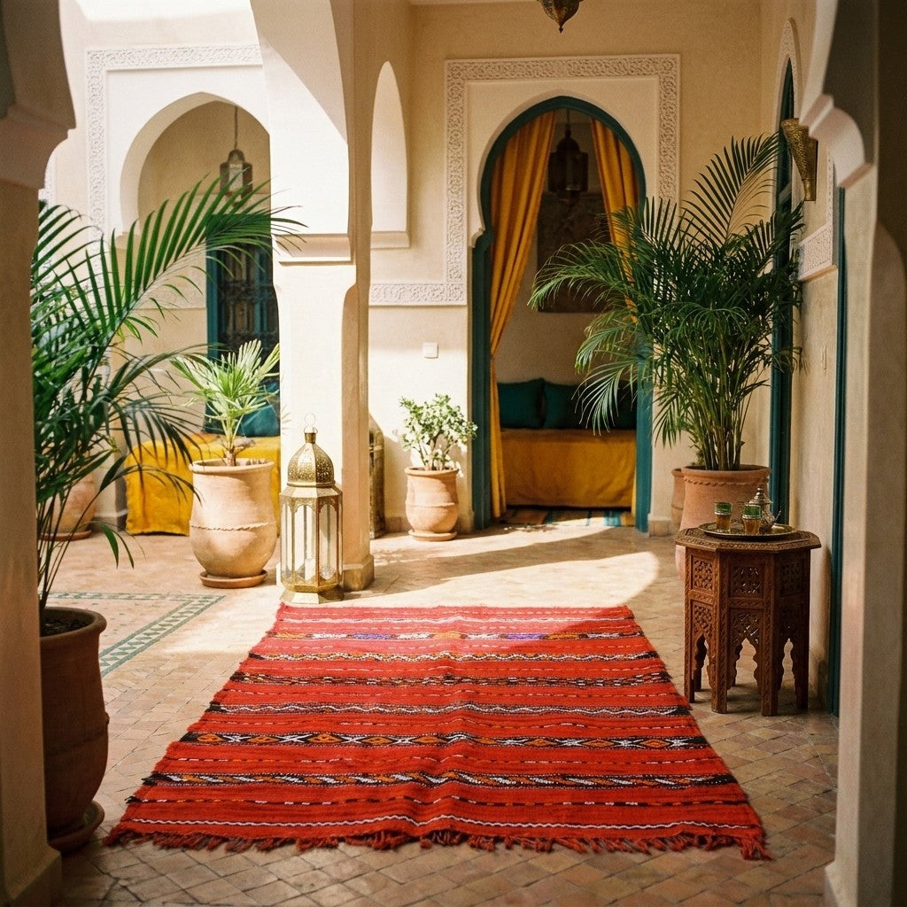 Red Berber kilim rug in a Marrakech riad