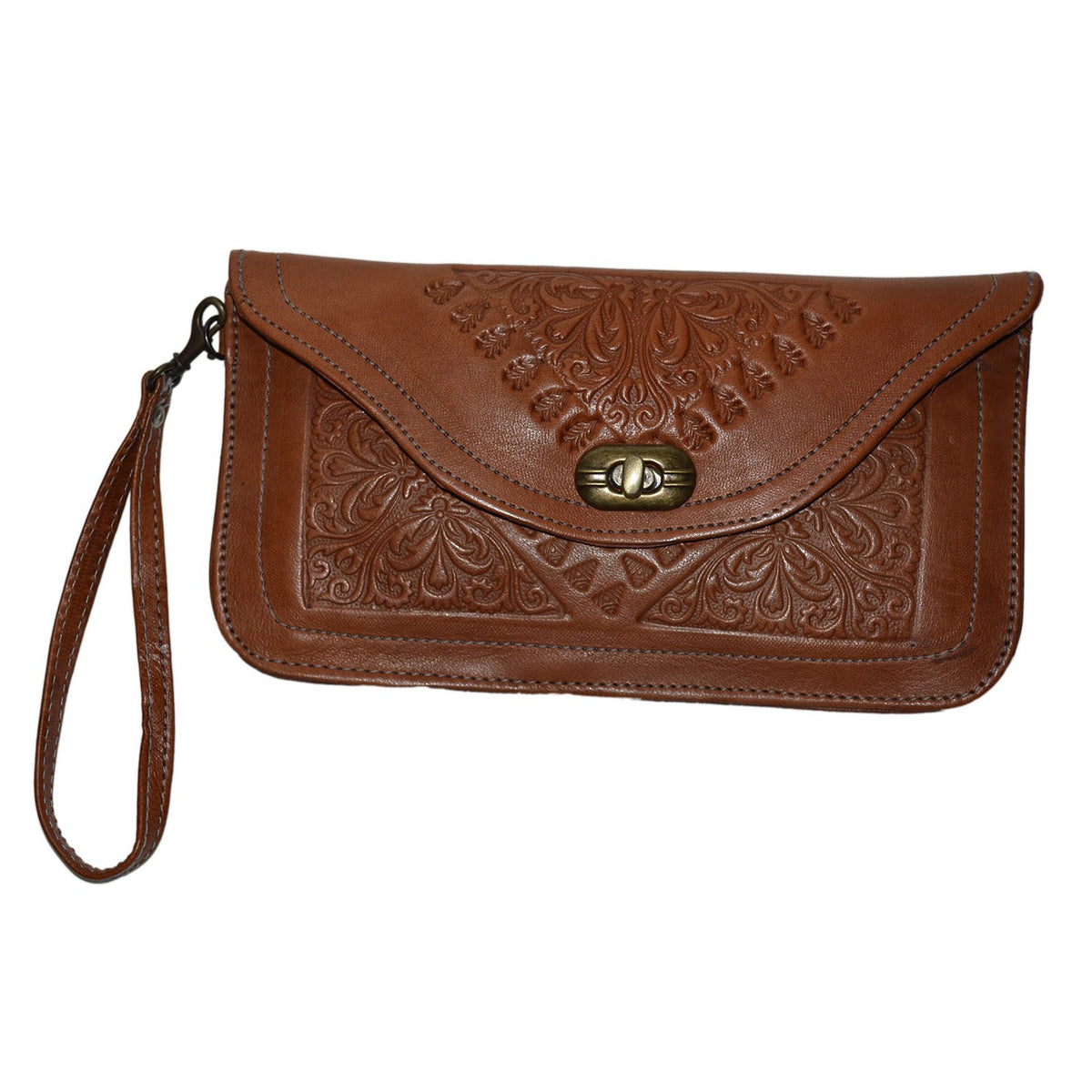 Marwa Leather Clutch Carved - Brown
