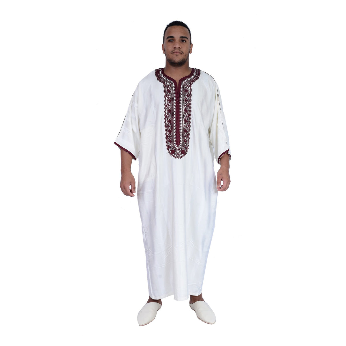 Fancy Moroccan Jamal Kaftan with Handmade Embroidery - White Burgundy
