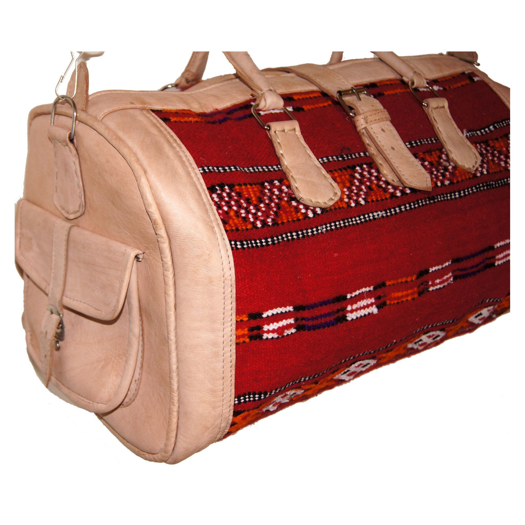 Moroccan Large Duffle Leather Bag with Kilim - Beige with Red Kilim