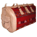 Moroccan Large Duffle Leather Bag with Kilim - Beige with Red Kilim