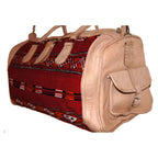 Moroccan Large Duffle Leather Bag with Kilim - Beige with Red Kilim