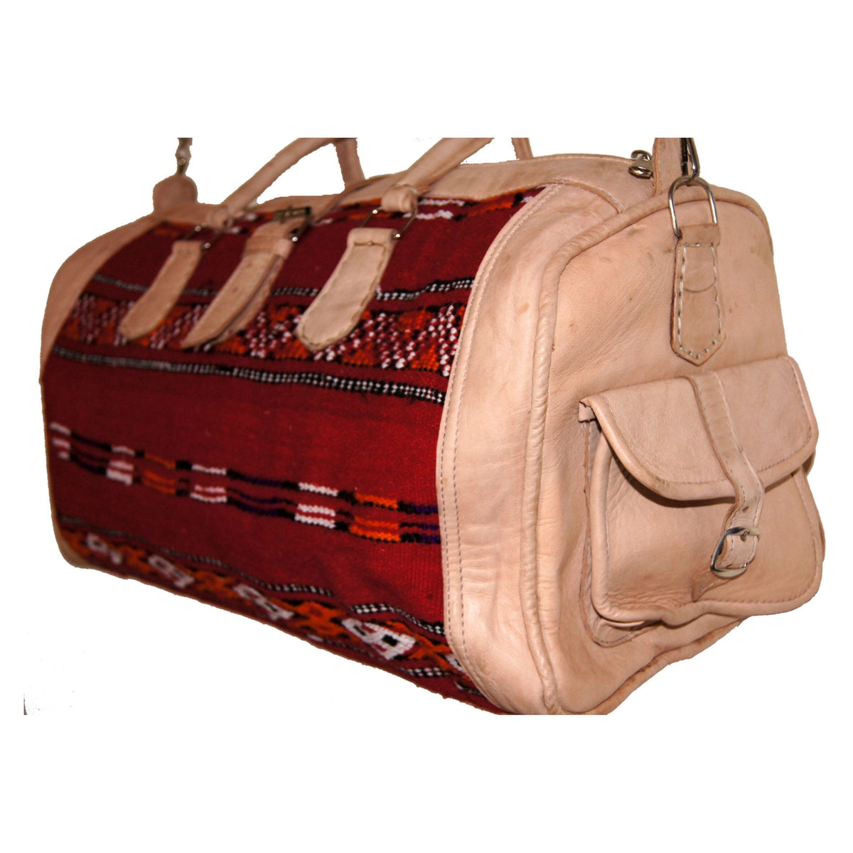 Moroccan Large Duffle Leather Bag with Kilim - Beige with Red Kilim