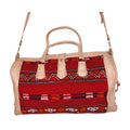 Moroccan Large Duffle Leather Bag with Kilim - Beige with Red Kilim