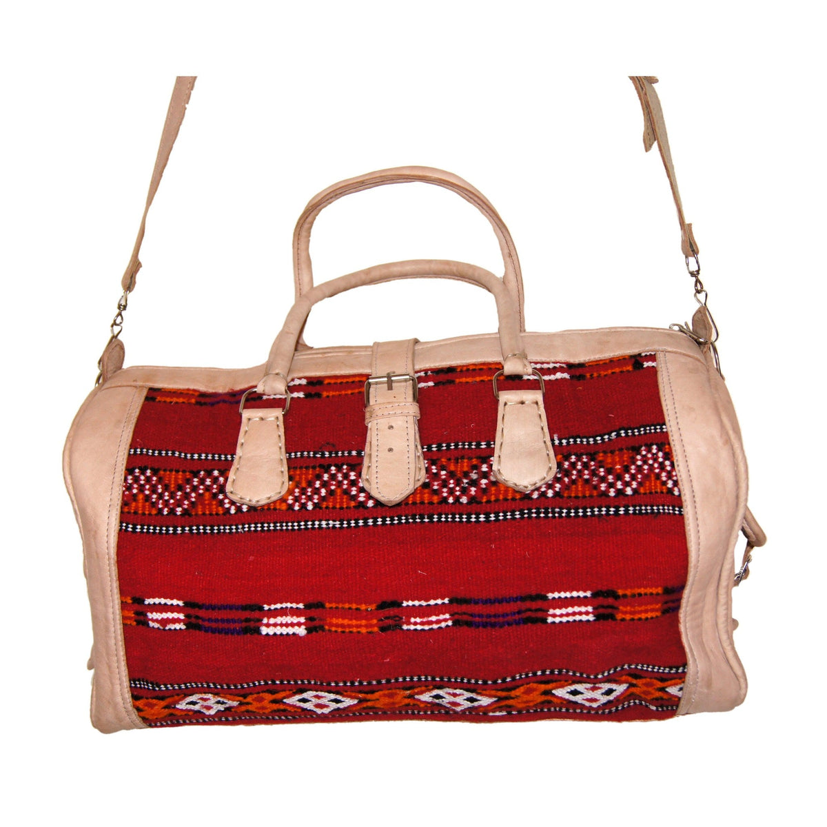 Moroccan Large Duffle Leather Bag with Kilim - Beige with Red Kilim