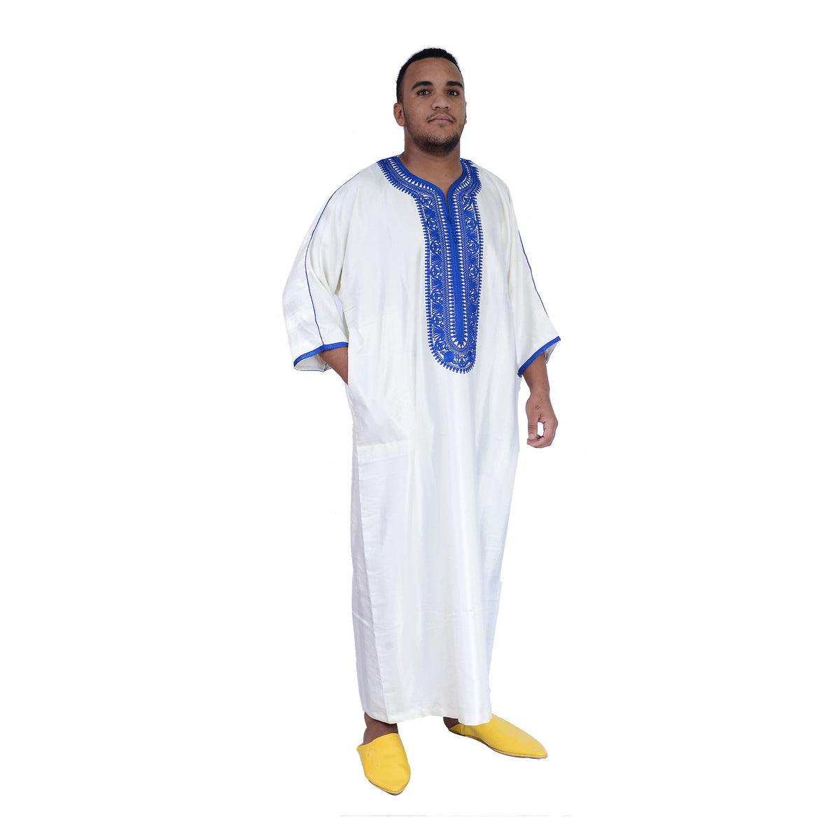 Fancy Moroccan Jamal Kaftan with Handmade Embroidery - White Blue
