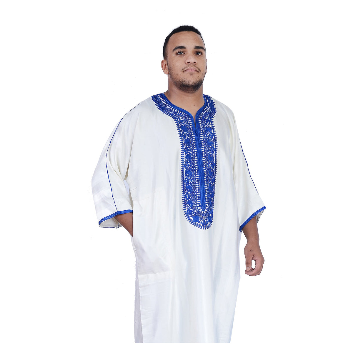 Fancy Moroccan Jamal Kaftan with Handmade Embroidery - White Blue