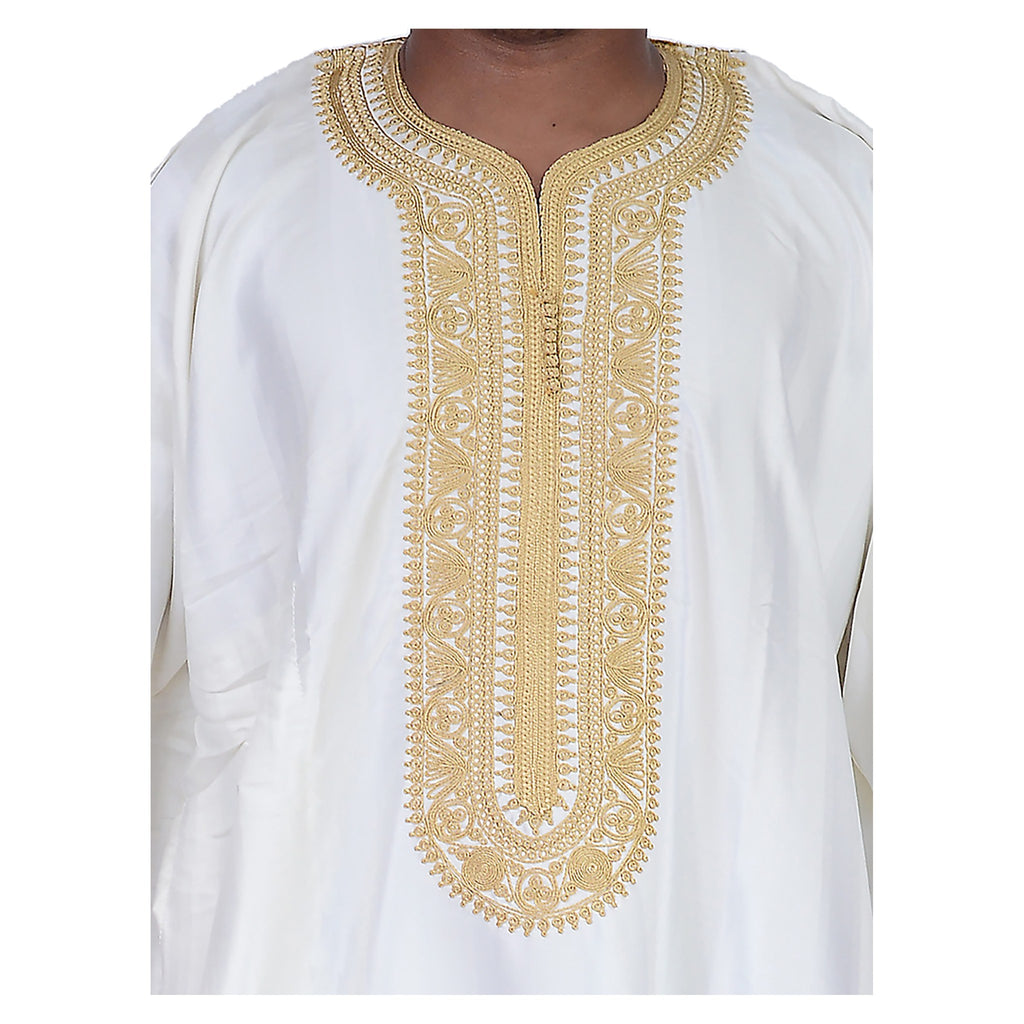 Fancy Moroccan Jamal Kaftan with Handmade Embroidery - White Gold