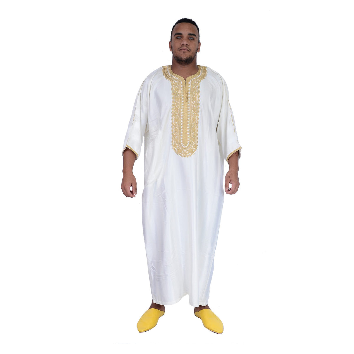 Fancy Moroccan Jamal Kaftan with Handmade Embroidery - White Gold