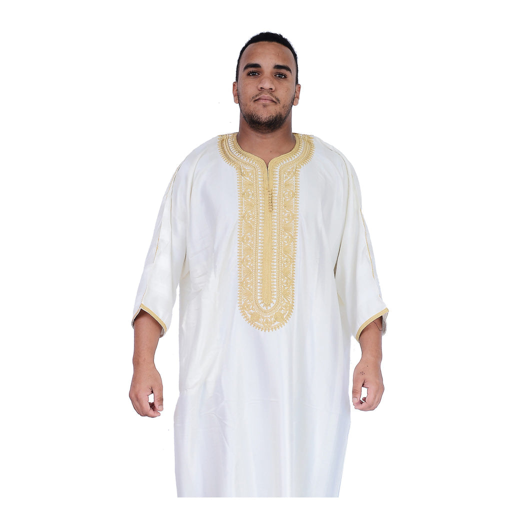 Fancy Moroccan Jamal Kaftan with Handmade Embroidery - White Gold