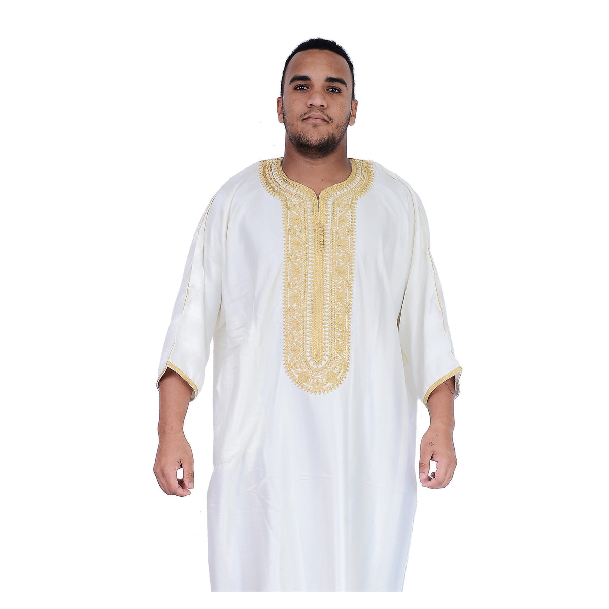 Fancy Moroccan Jamal Kaftan with Handmade Embroidery - White Gold
