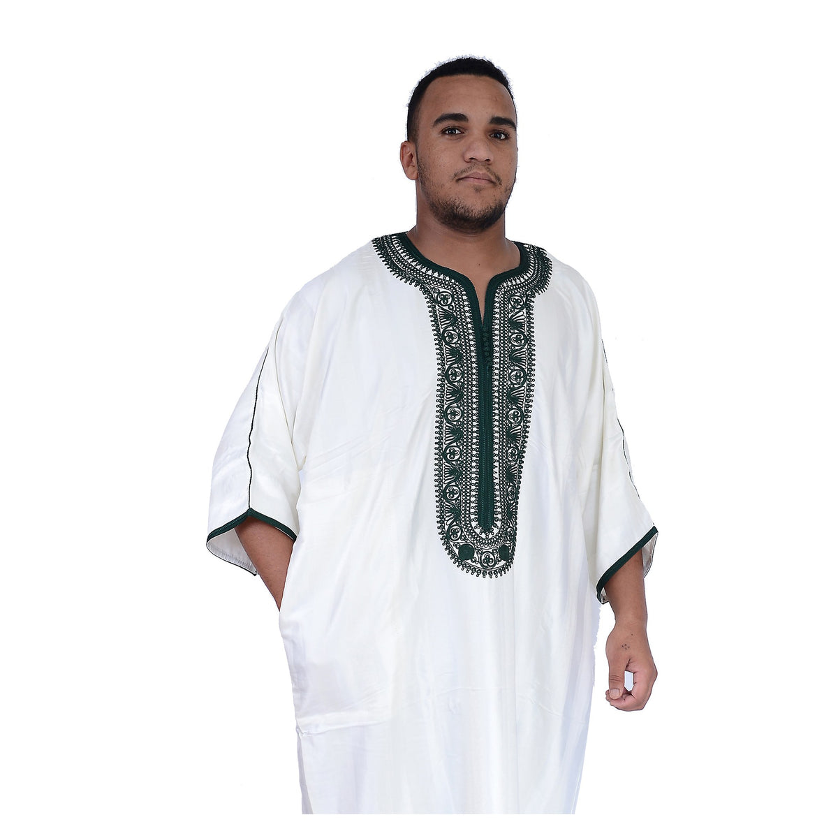 Fancy Moroccan Jamal Kaftan with Handmade Embroidery - White Green