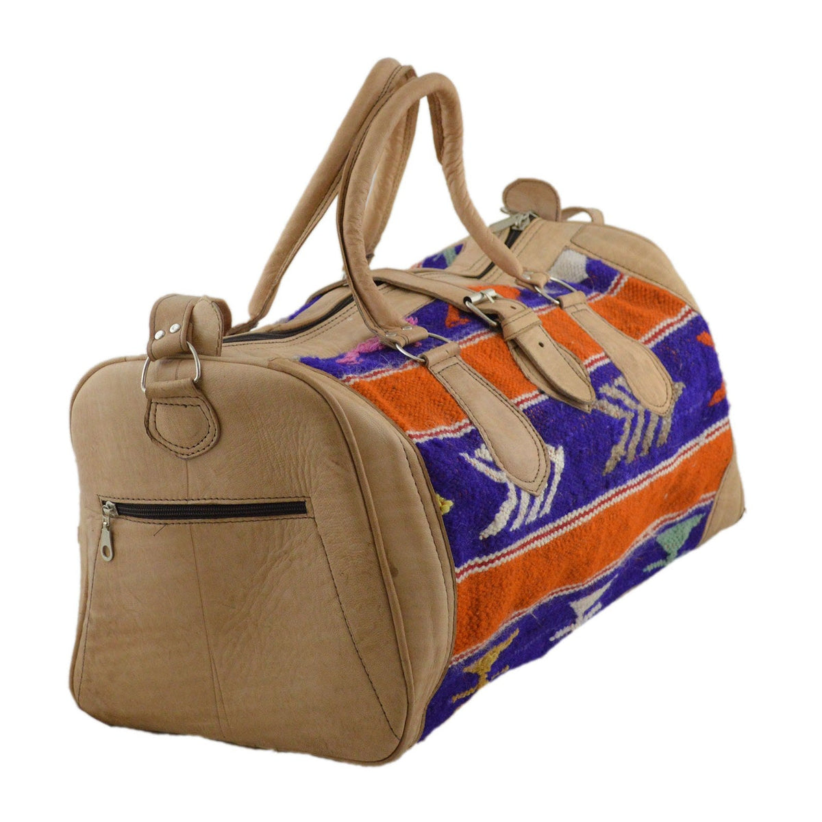 Moroccan Large Duffle Leather Bag with Kilim - Beige with Blue & Orange Kilim