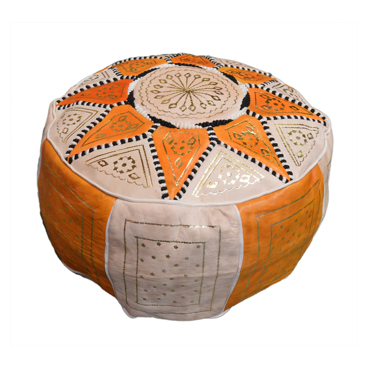 Beige Two-Tone Leather Moroccan Handmade Pouf - Beige Orange