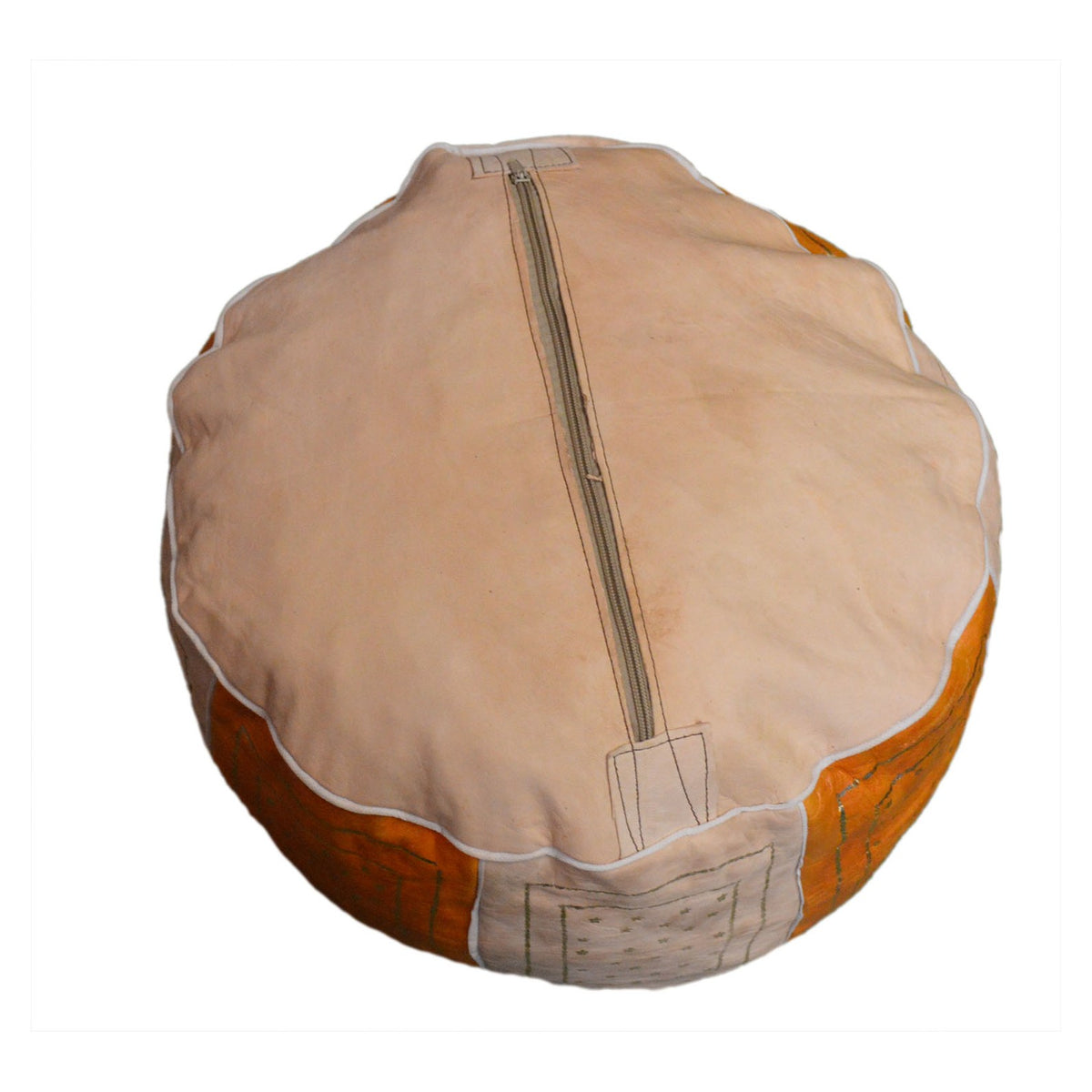 Beige Two-Tone Leather Moroccan Handmade Pouf - Beige Orange