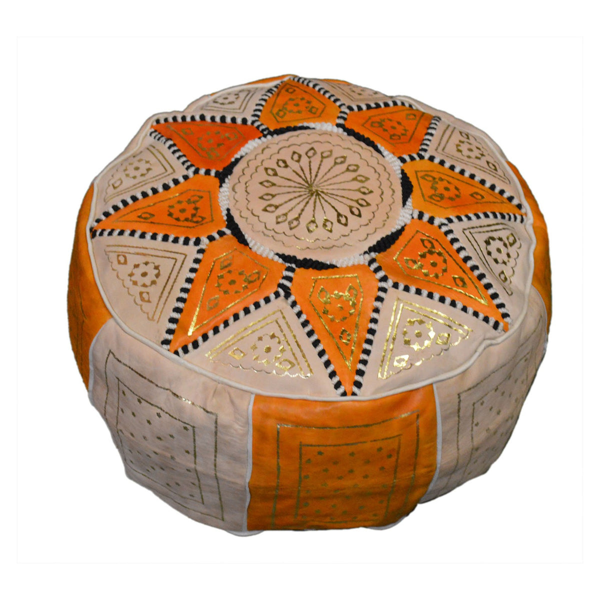 Beige Two-Tone Leather Moroccan Handmade Pouf - Beige Orange