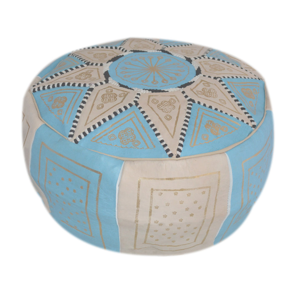 Beige Two-Tone Leather Moroccan Handmade Pouf - Beige Light Blue