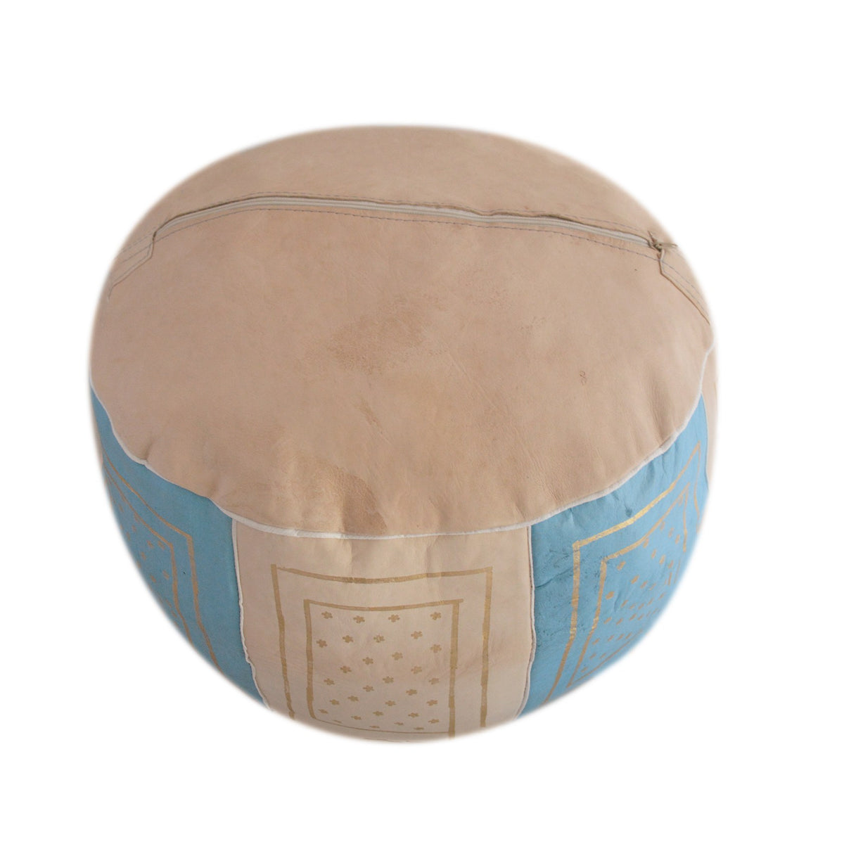 Beige Two-Tone Leather Moroccan Handmade Pouf - Beige Light Blue