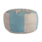 Beige Two-Tone Leather Moroccan Handmade Pouf - Beige Light Blue