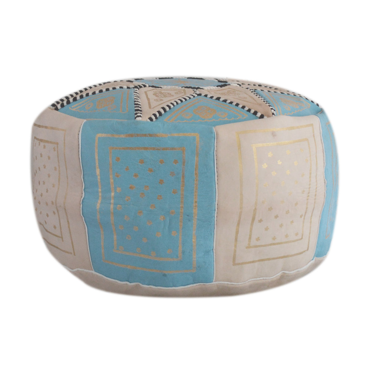 Beige Two-Tone Leather Moroccan Handmade Pouf - Beige Light Blue