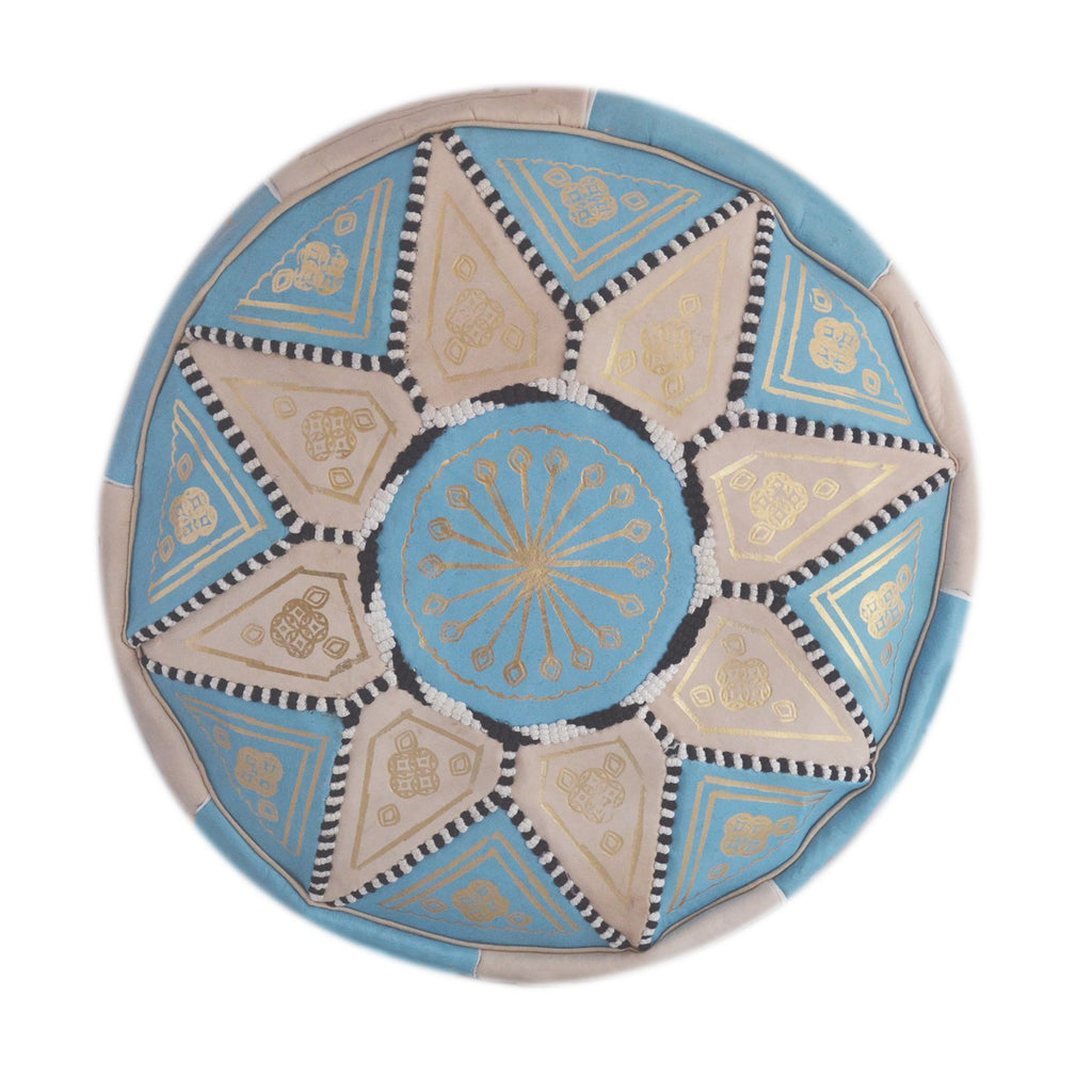 Beige Two-Tone Leather Moroccan Handmade Pouf - Beige Light Blue