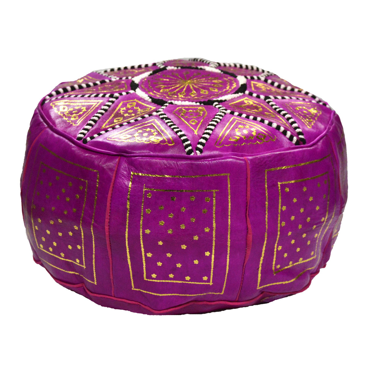 Leather Moroccan Handmade Pouf - Magenta