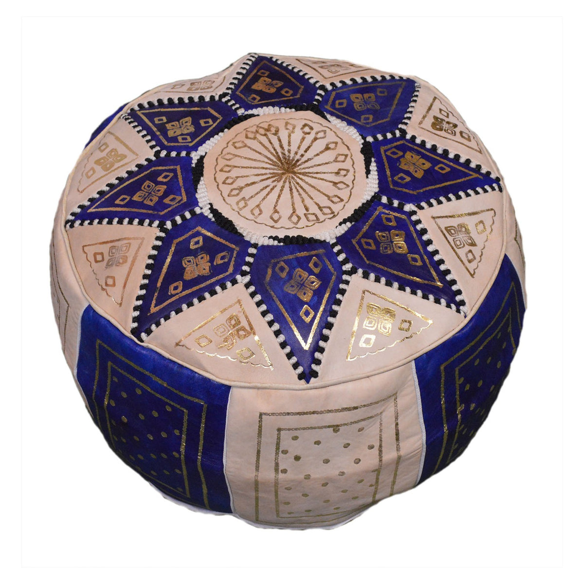 Beige Two-Tone Leather Moroccan Handmade Pouf - Beige Blue