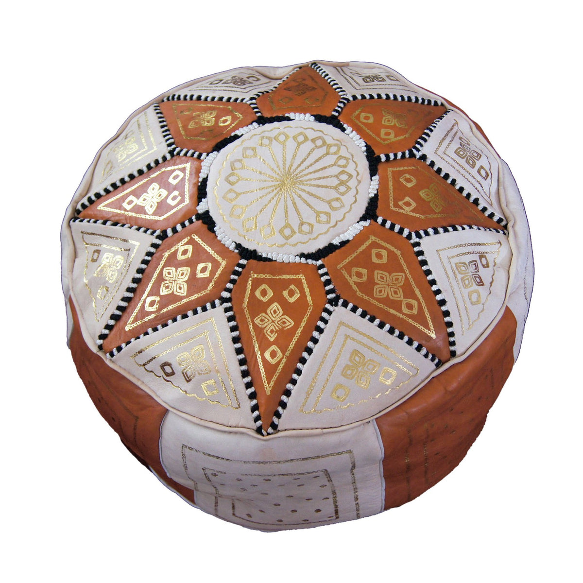 Beige Two-Tone Leather Moroccan Handmade Pouf - Beige Brown