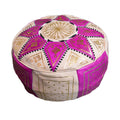 Beige Two-Tone Leather Moroccan Handmade Pouf - Beige Magenta
