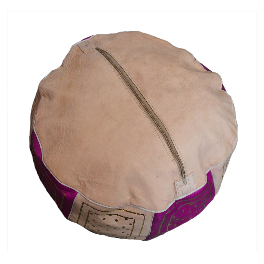 Beige Two-Tone Leather Moroccan Handmade Pouf - Beige Magenta