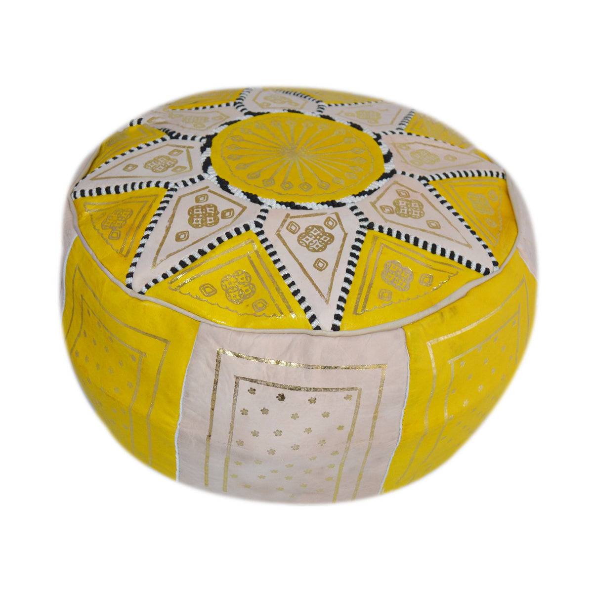 Beige Two-Tone Leather Moroccan Handmade Pouf - Beige Yellow