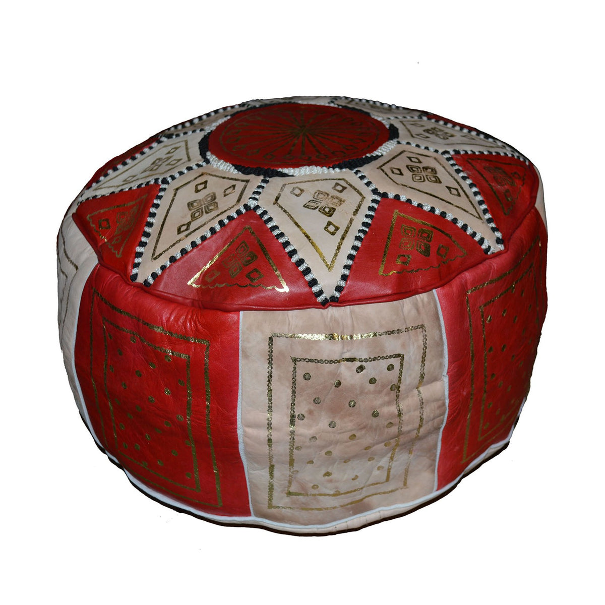Beige Two-Tone Leather Moroccan Handmade Pouf - Beige Red