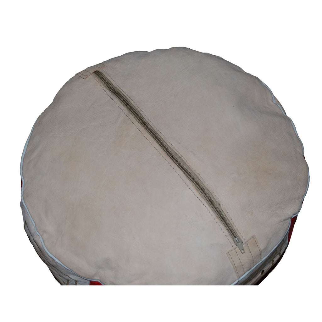 Beige Two-Tone Leather Moroccan Handmade Pouf - Beige Light Blue