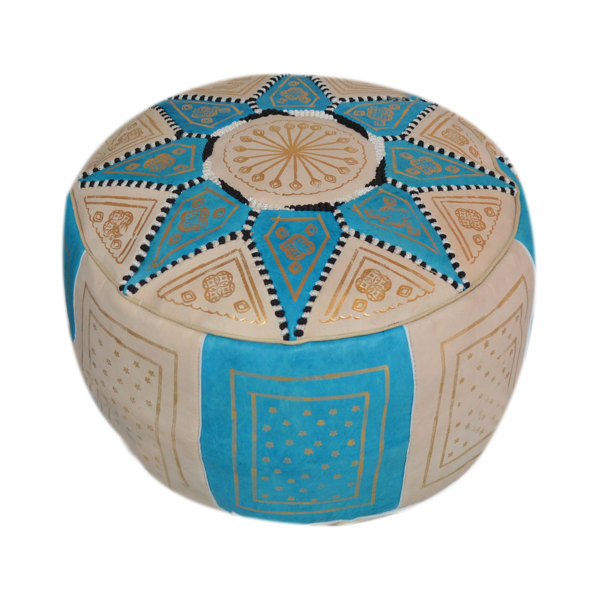Beige Two-Tone Leather Moroccan Handmade Pouf - Beige Turquoise