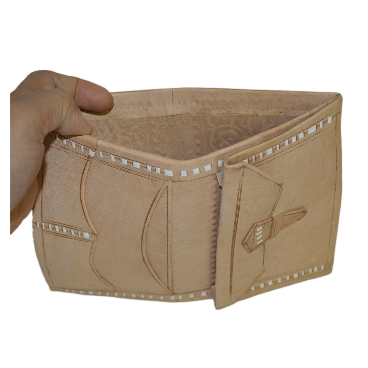 Large Handmade Leather Folding Wallet - Beige