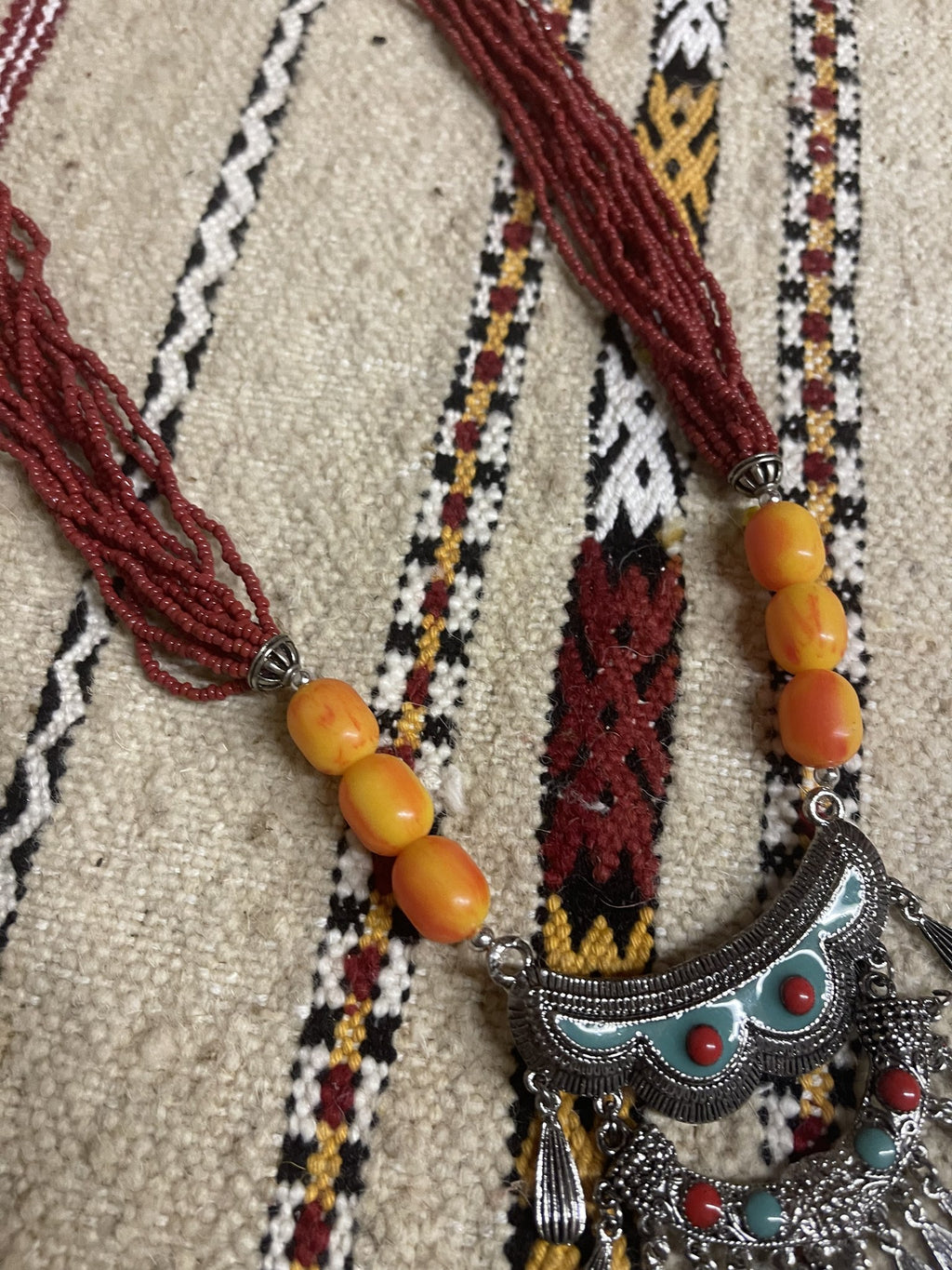 Berber Red Necklace with Crescent Pendant