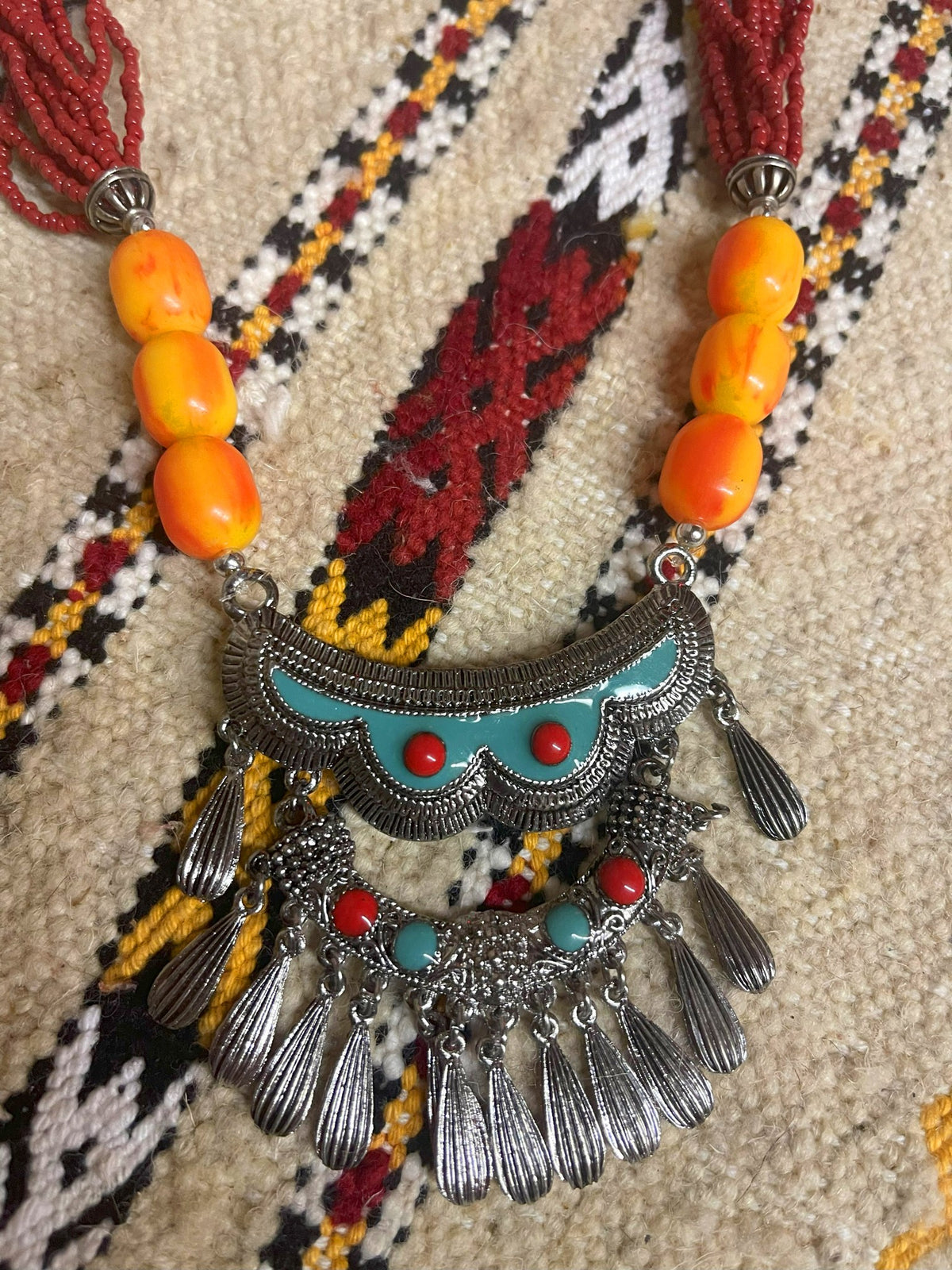 Berber Red Necklace with Crescent Pendant