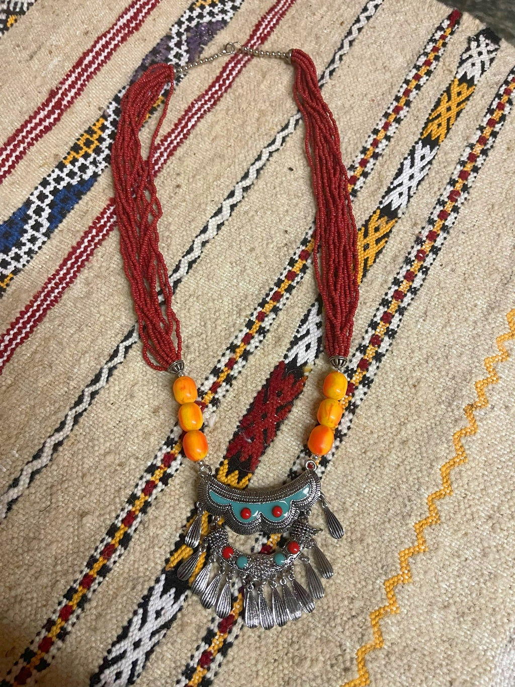 Berber Red Necklace with Crescent Pendant