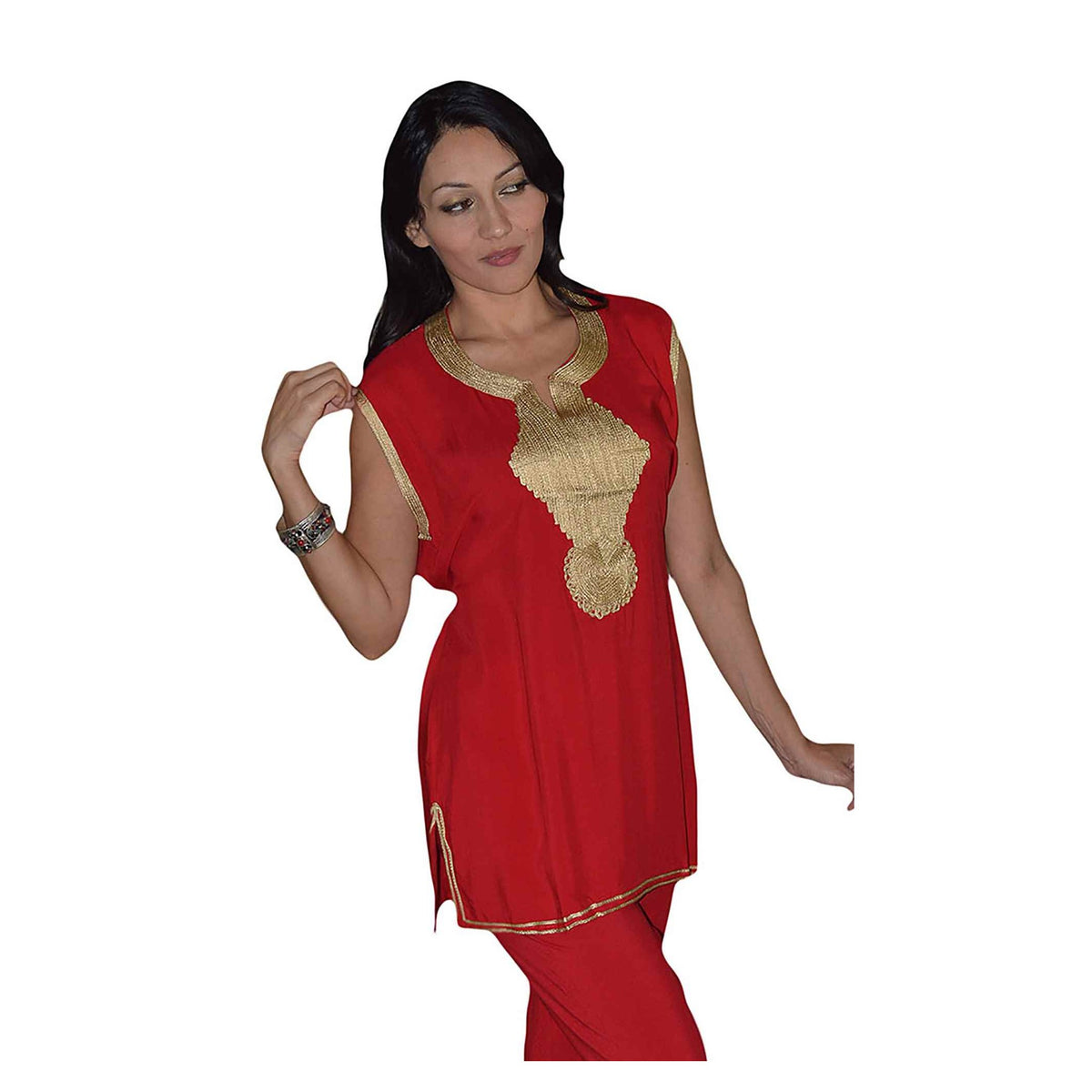 Chaima Moroccan Woman Tunic and Pants Set - Red