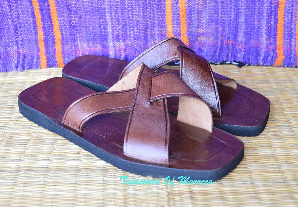 Cross Strap Handmade Leather Slide Sandals Brown