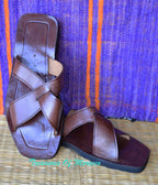 Cross Strap Handmade Leather Slide Sandals Brown