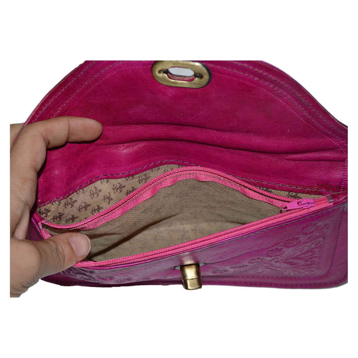 Marwa Leather Magenta Clutch Carved Medium -2853