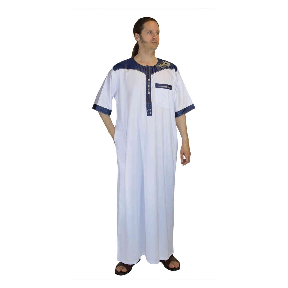 Men Thobe Saudi Style White With Blue Embroidery-7100