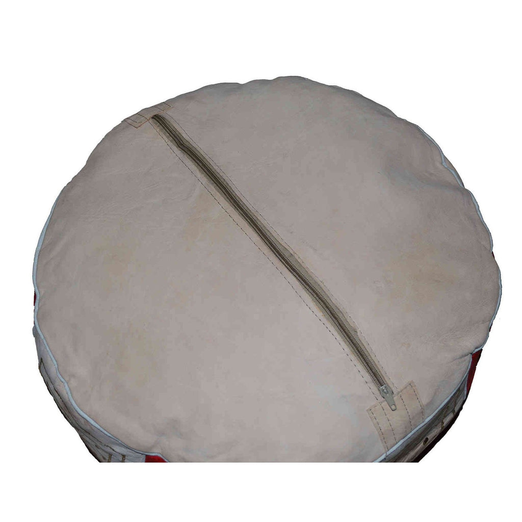 Beige Two-Tone Leather Moroccan Handmade Pouf - Green Beige