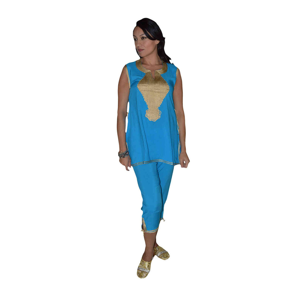 Chaima Moroccan Woman Tunic and Pants Set - Turquoise
