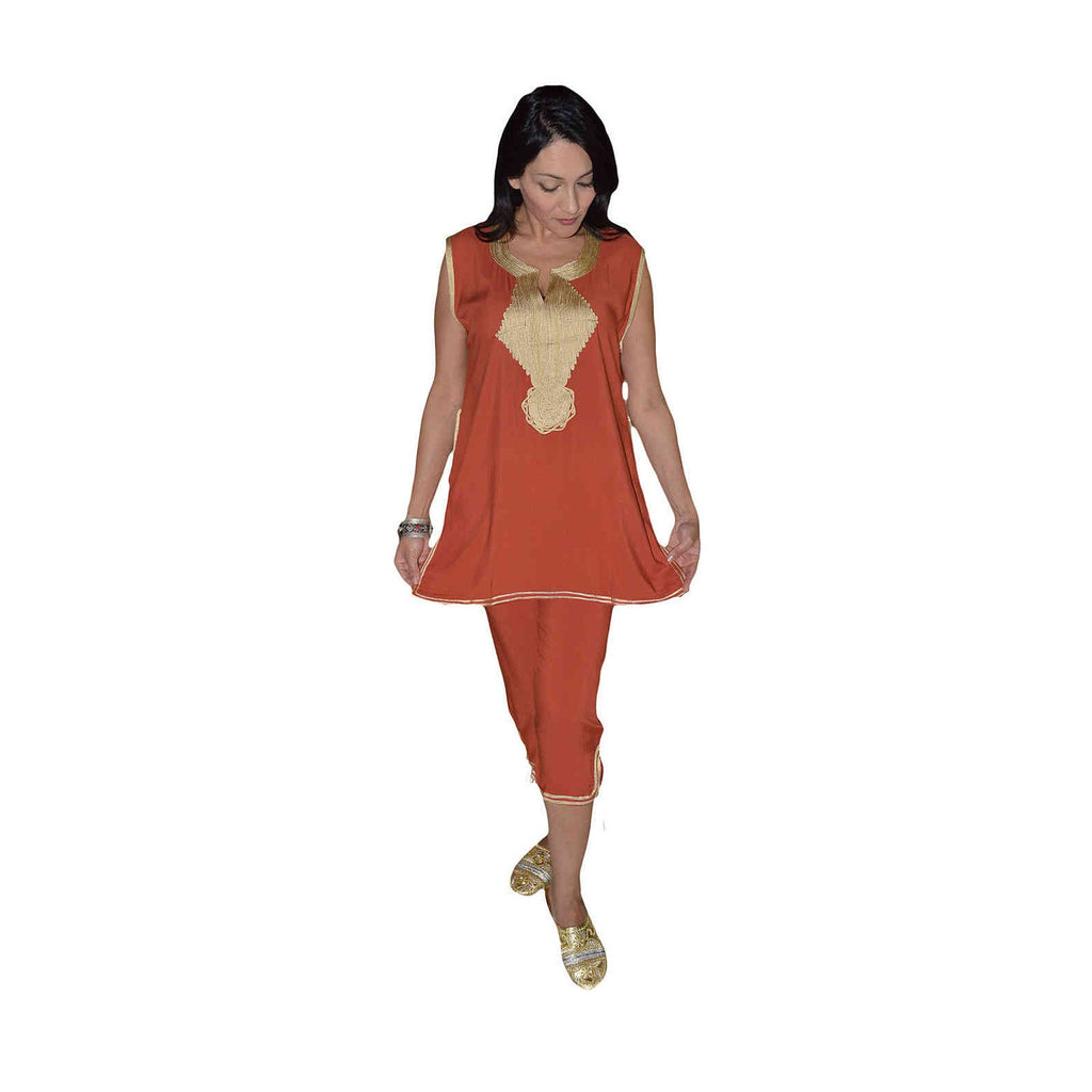 Chaima Moroccan Woman Tunic and Pants Set - Dark Orange